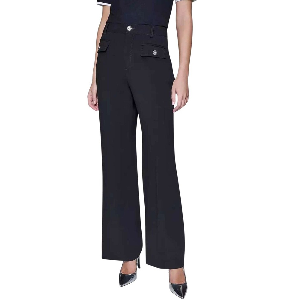 Karl Lagerfeld Paris Black Wide Leg Pants Flap Pocket Silver Button Size 10 NWOT
